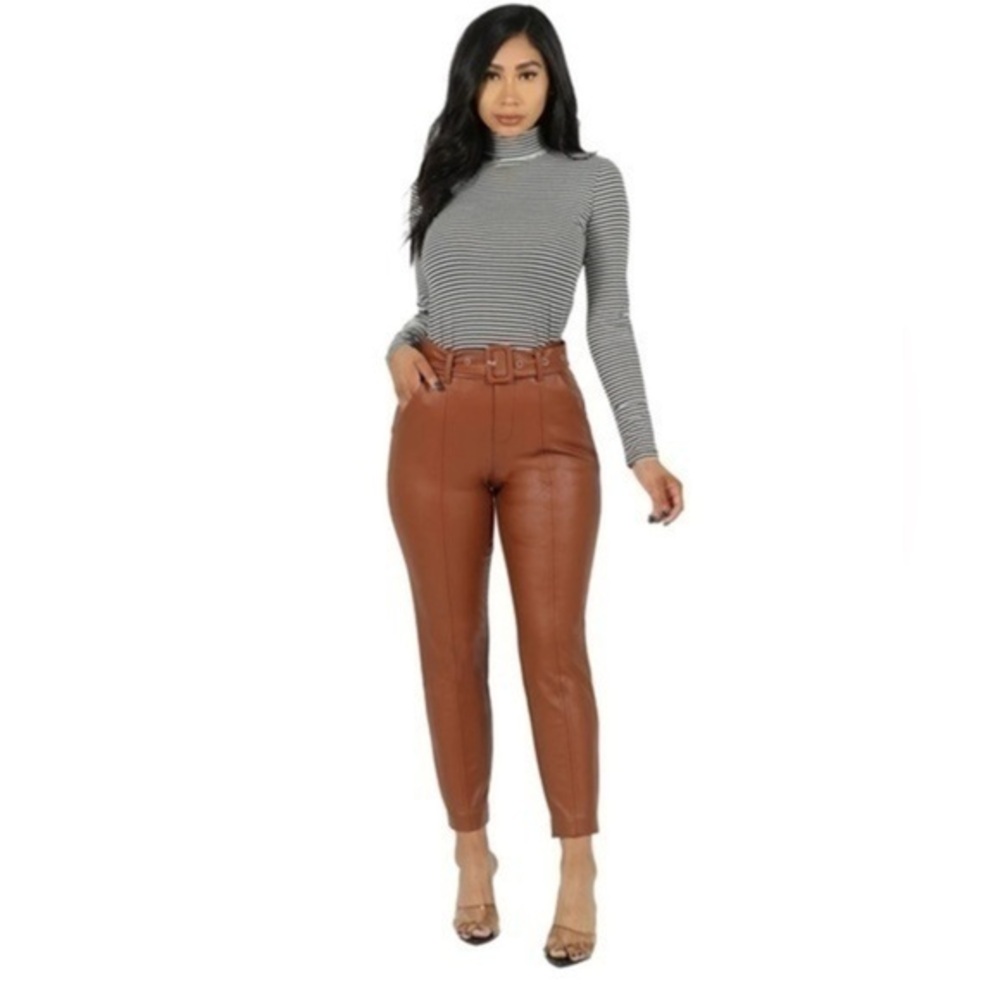 NWT BBJ Womens Large Chestnut Brown Vegan Leather Belt High Rise Trouser Pants L